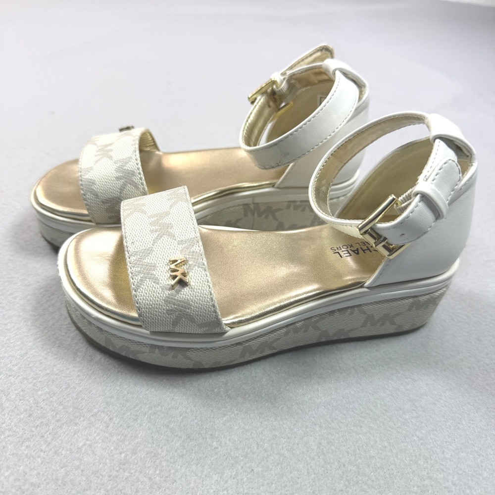Michael Kors Kids Raylee Platform Sandals White Gold MK Logo Size 12 MKS10498C